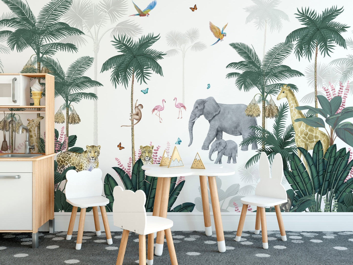 Wild jungle adventure wall mural for children's spaces.

