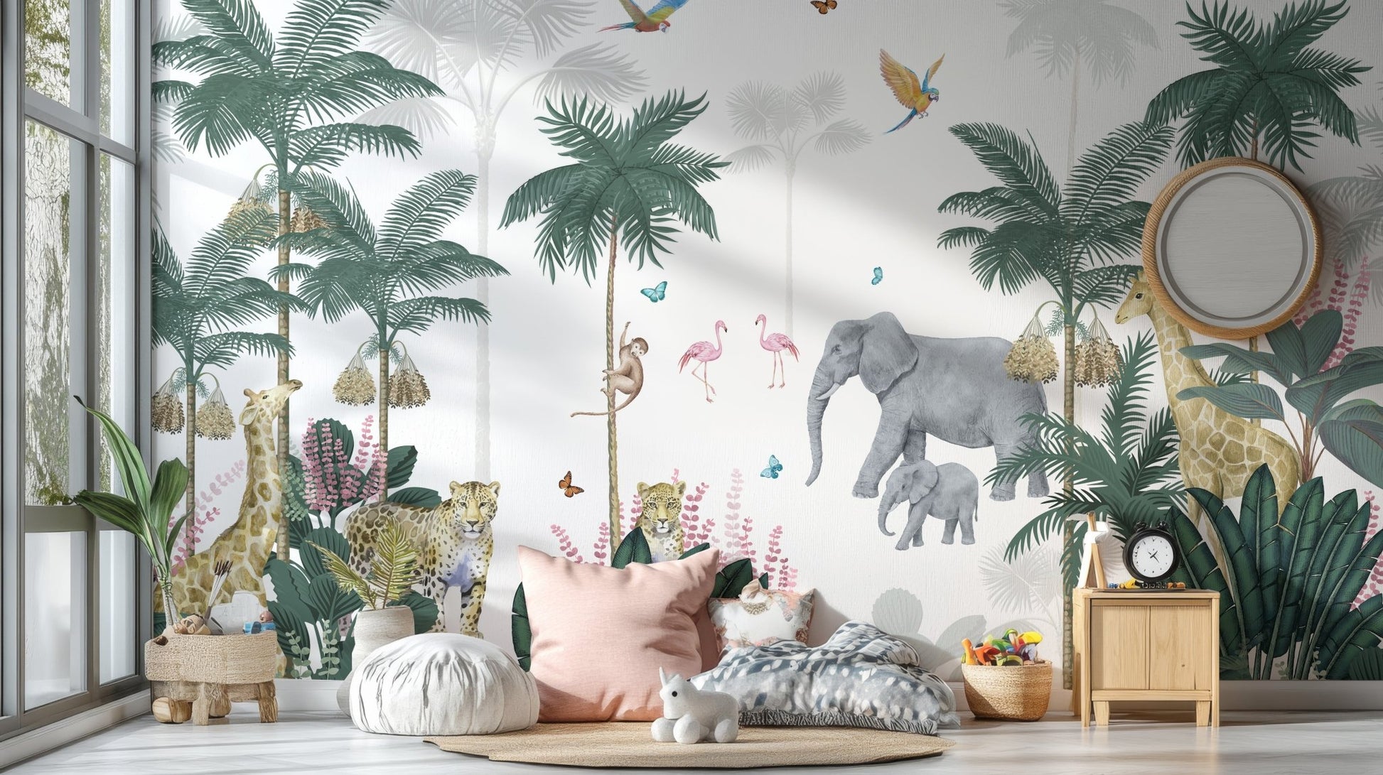 Tropical jungle scene wall mural with playful animals for kids' room.
