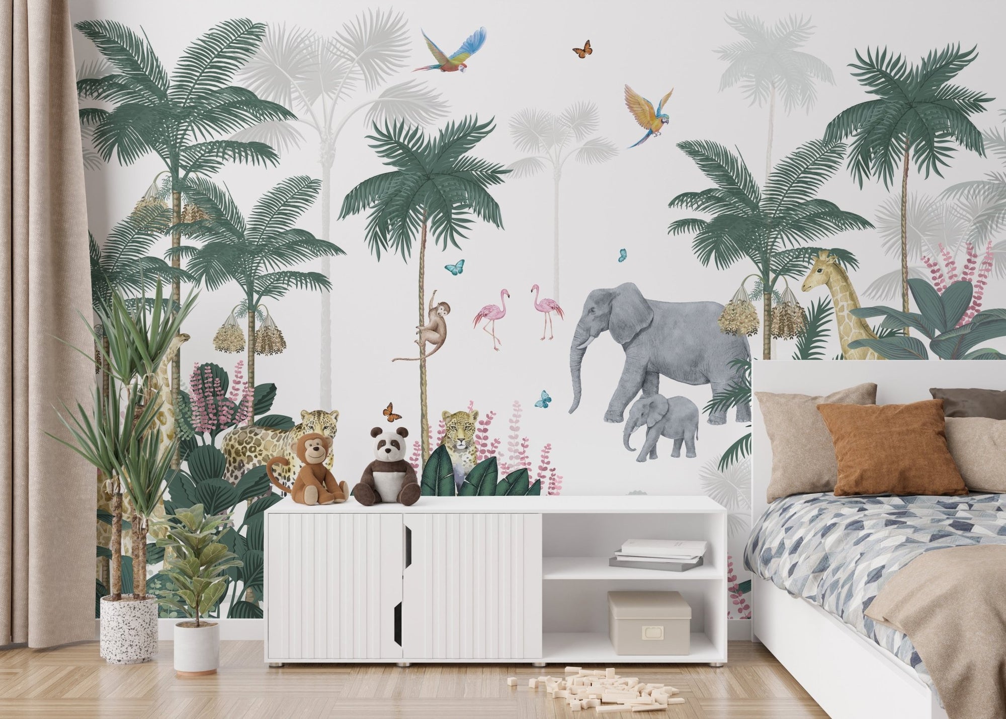 Tropical safari adventure wall mural with grey elephant and palm trees in bedroom.