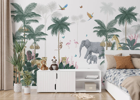 Tropical safari adventure wall mural with grey elephant and palm trees in bedroom.
