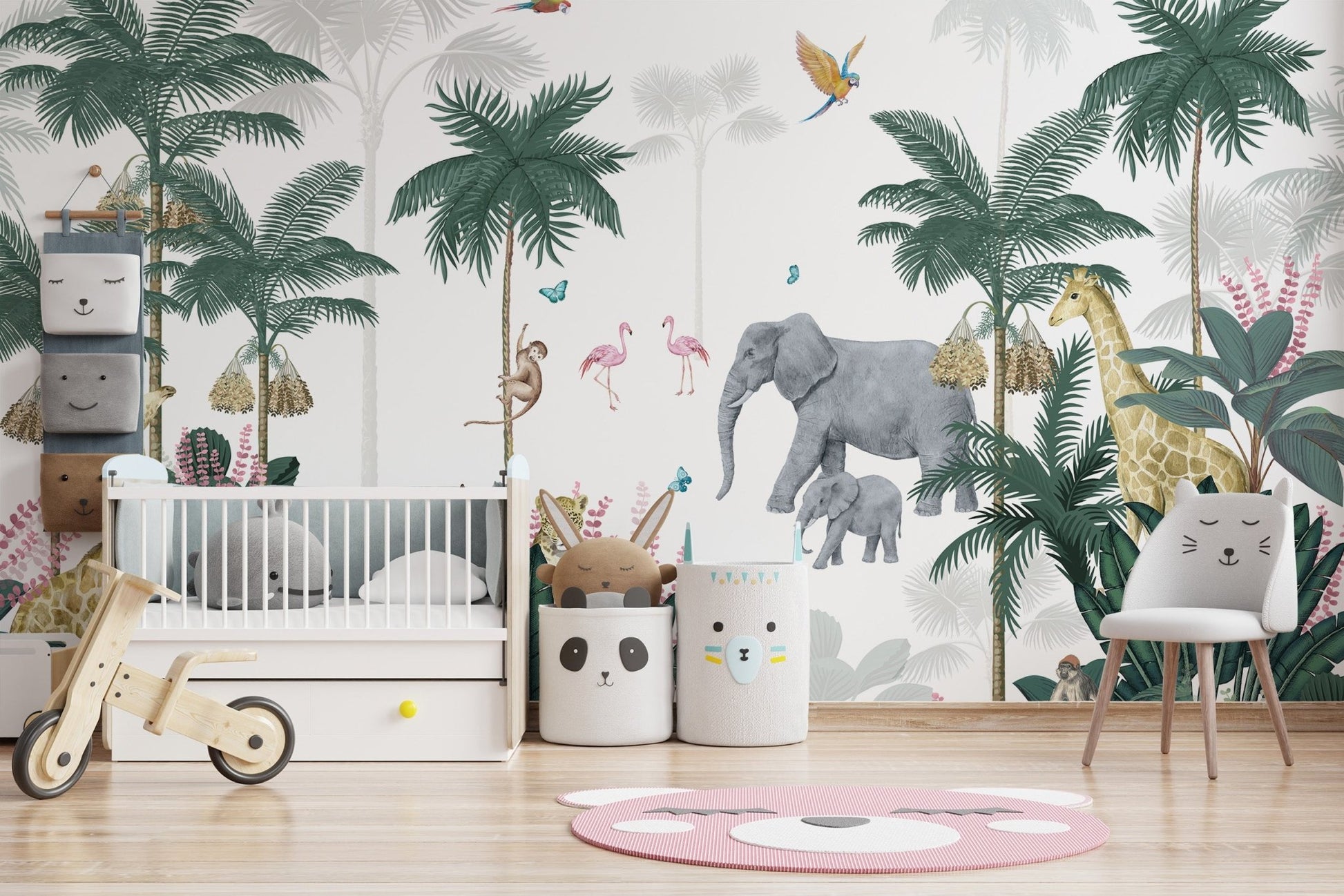 Vibrant jungle wall mural with exotic wildlife and greenery in kids play room.
