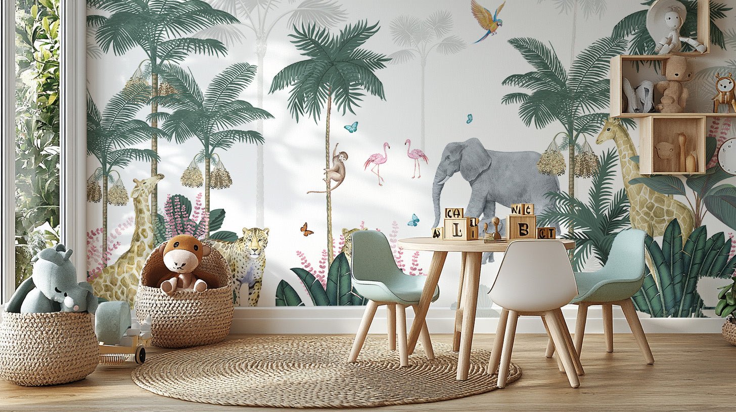Safari adventure wall mural with lions, giraffes and trees in nursery.
