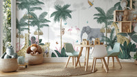 Safari adventure wall mural with lions, giraffes and trees in nursery.
