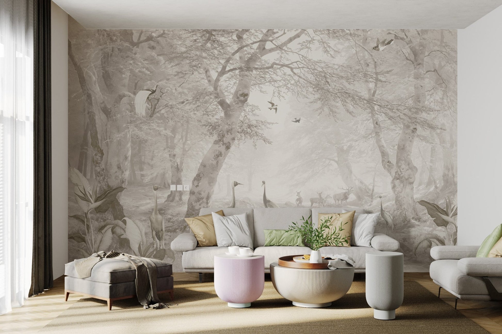 Faded tropical forest pattern wall mural for indoor residential feature walls.
