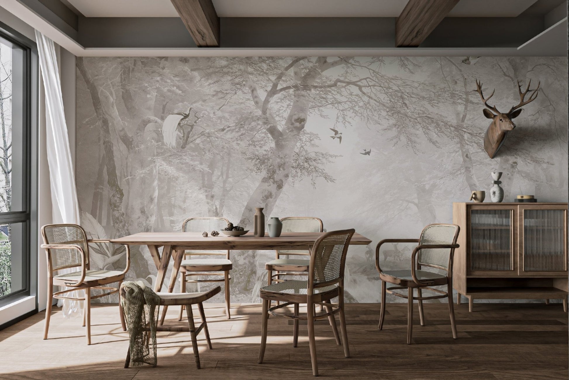 Sepia tone woodland landscape mural for contemporary dining room.