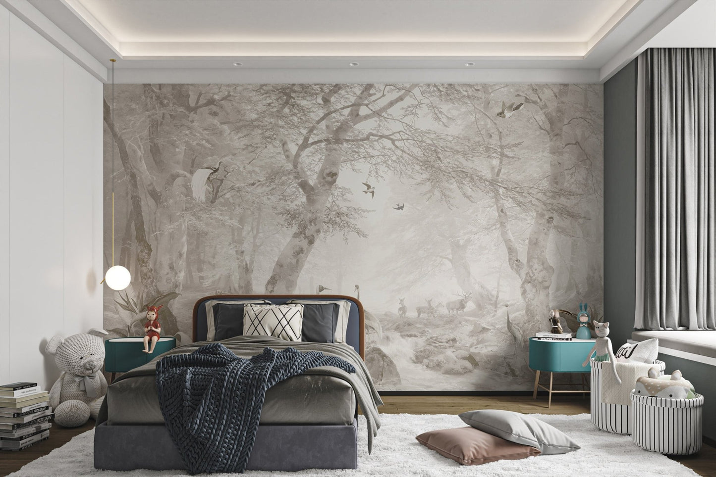 Grey and brown ancient tree pattern wall mural for minimalist bedroom.