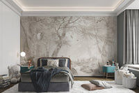 Grey and brown ancient tree pattern wall mural for minimalist bedroom.