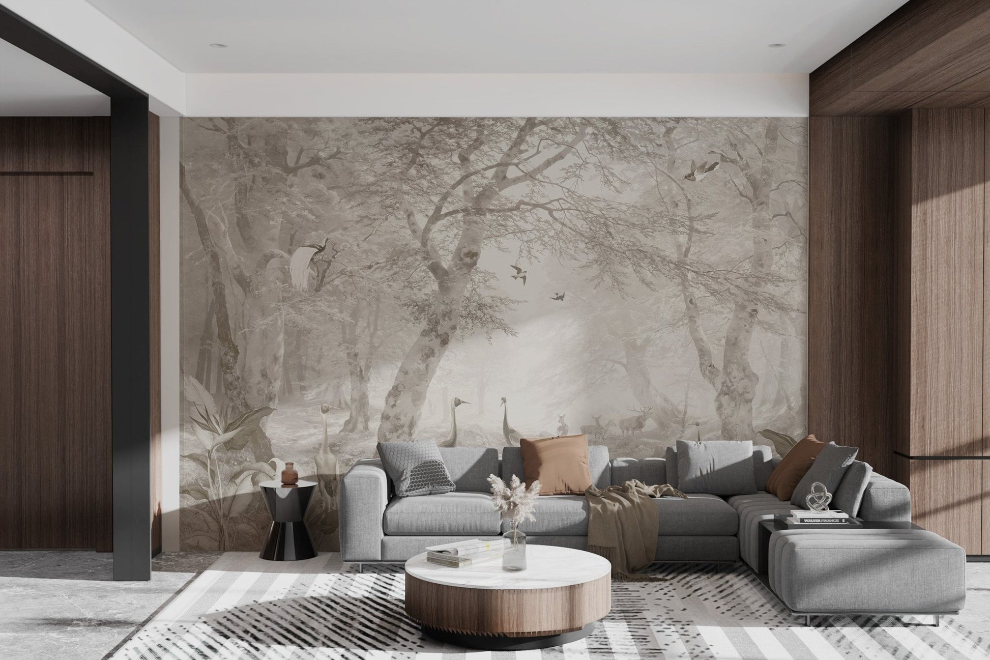 Vintage tropical forest and river scenery wall mural for modern living room.