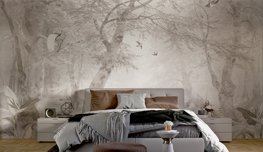 Monochrome river and crane bird wall mural design for residential guest room.