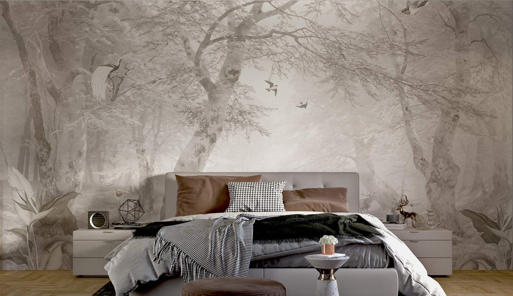 Monochrome river and crane bird wall mural design for residential guest room.