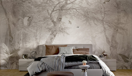 Monochrome river and crane bird wall mural design for residential guest room.