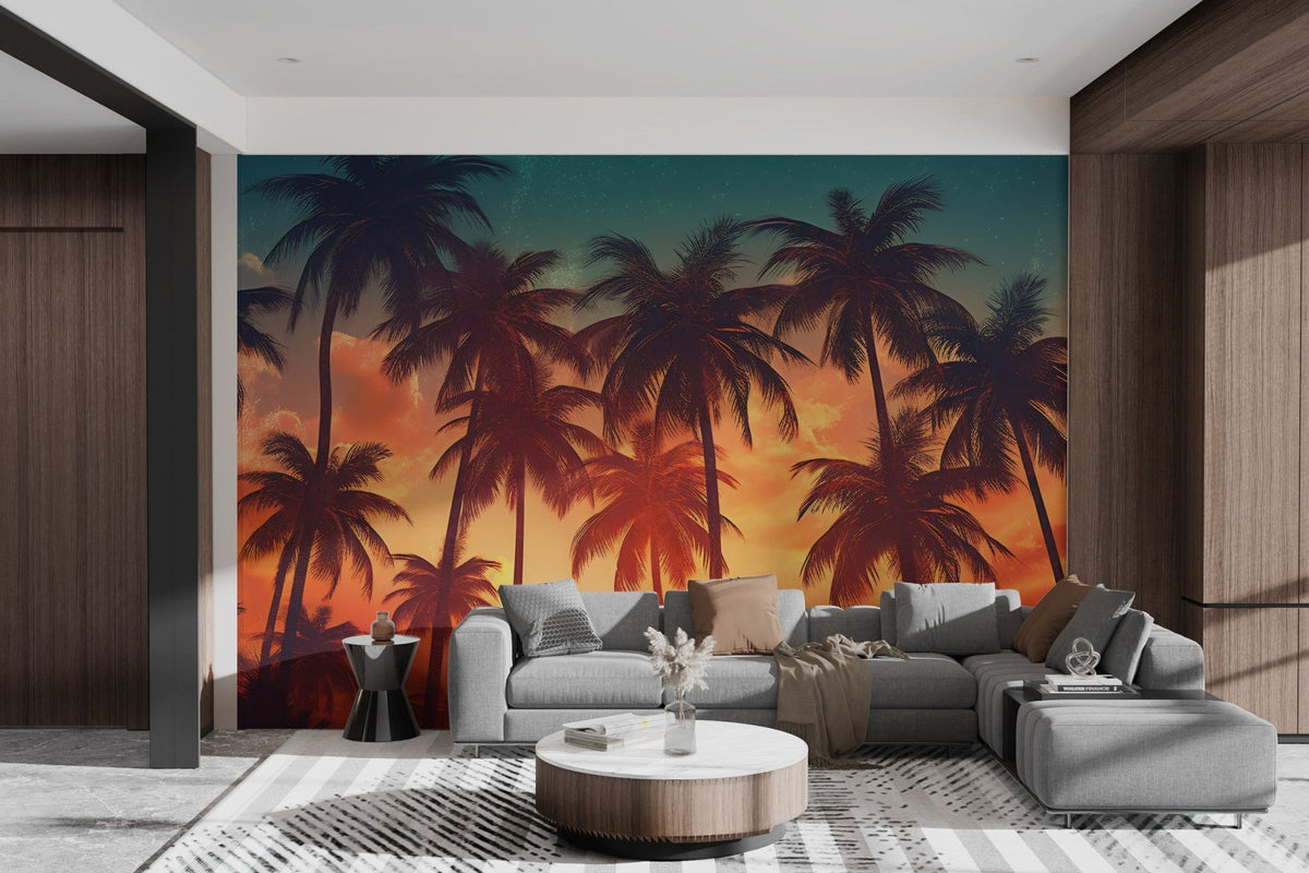 Silhouette of palm trees on a sunset wall mural with teal accents.