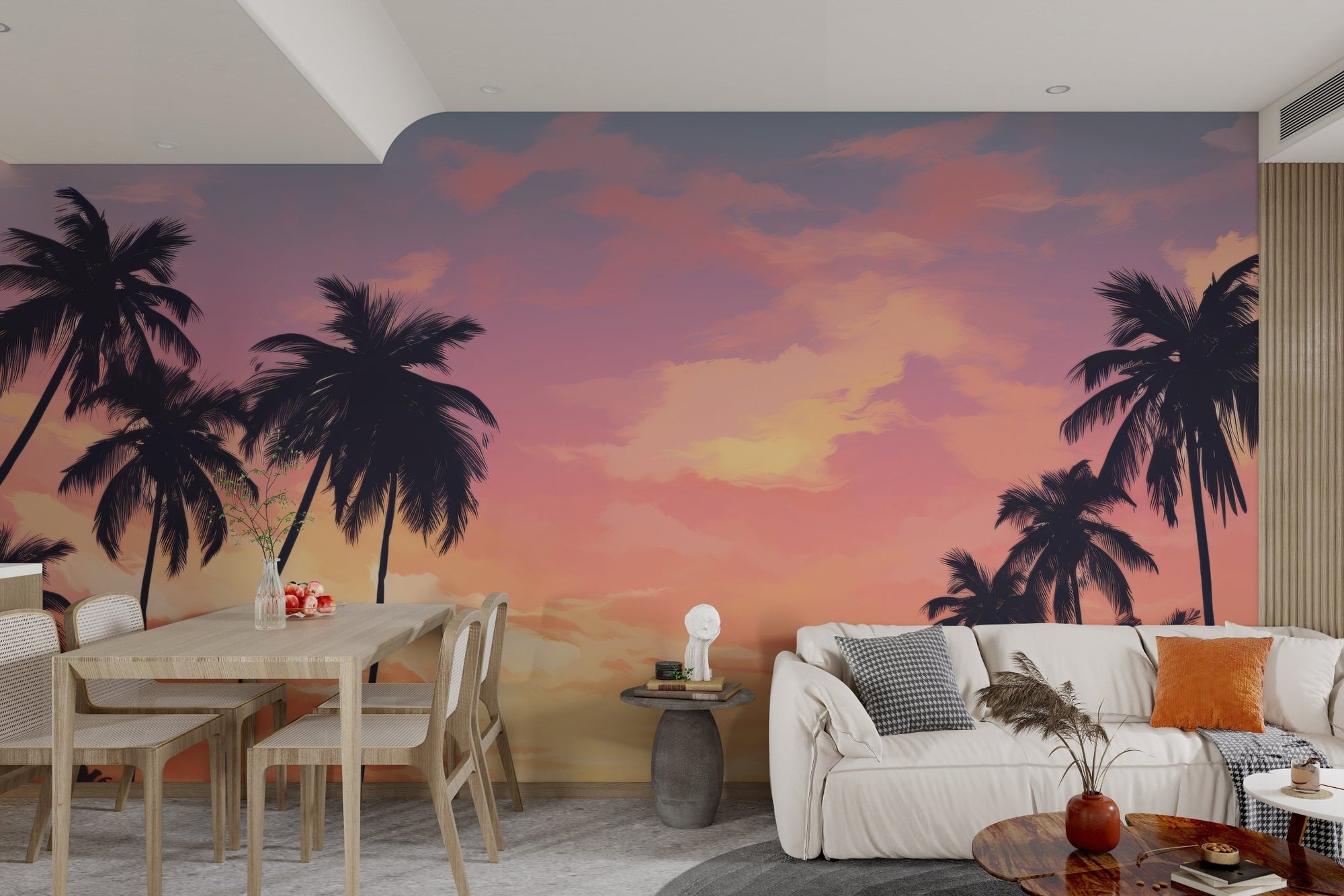 Sunset palm tree wallpaper with orange and pink clouds.