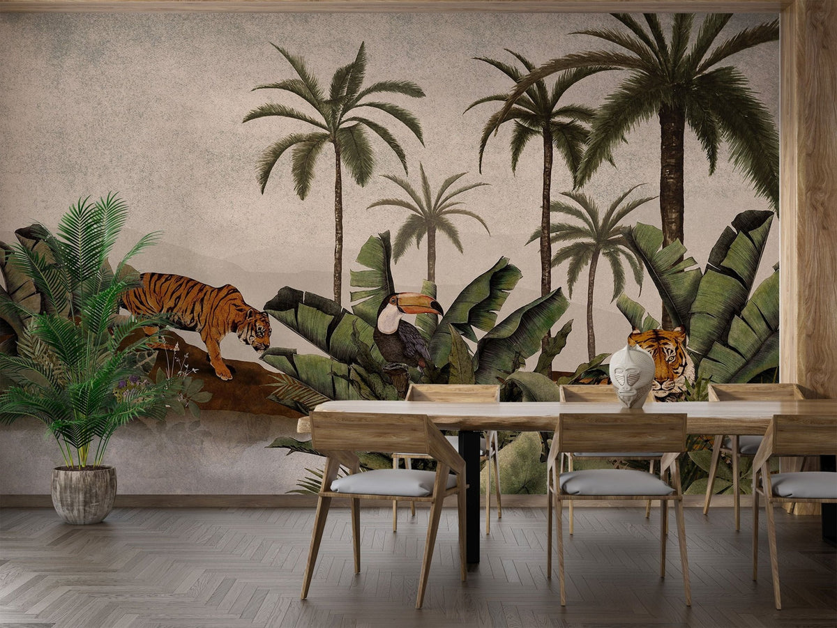 Tropical Tigers in Jungle Wall Mural with leave and tiger for dining room