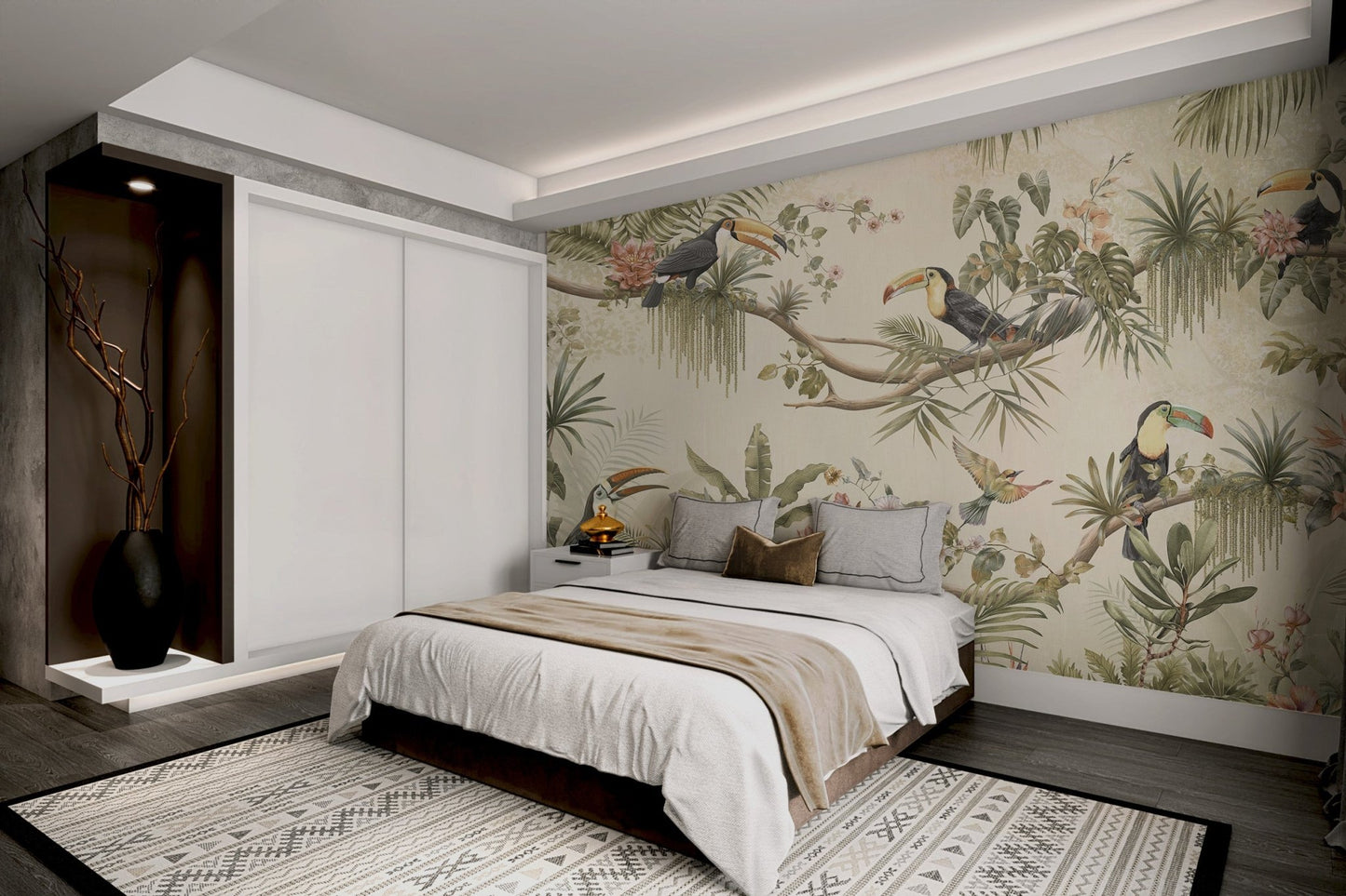 Bedroom wall mural with monstera leaves and tropical birds in earthy tone.