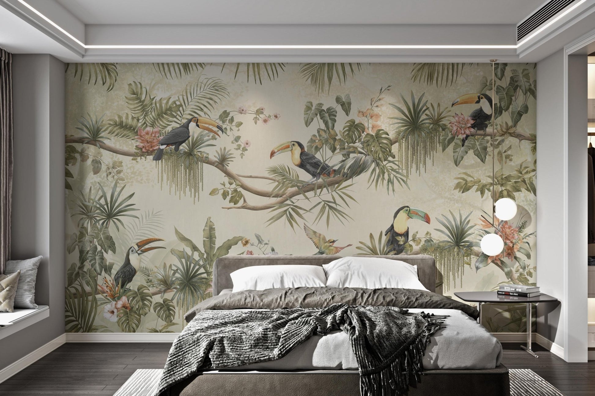 Guest room wall mural with hand-drawn style tropical birds and palm trees.
