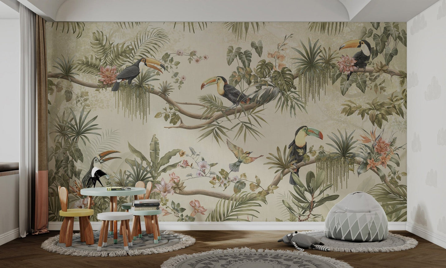 Kids room wall mural with tropical palm fronds and exotic birds.