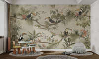 Kids room wall mural with tropical palm fronds and exotic birds.