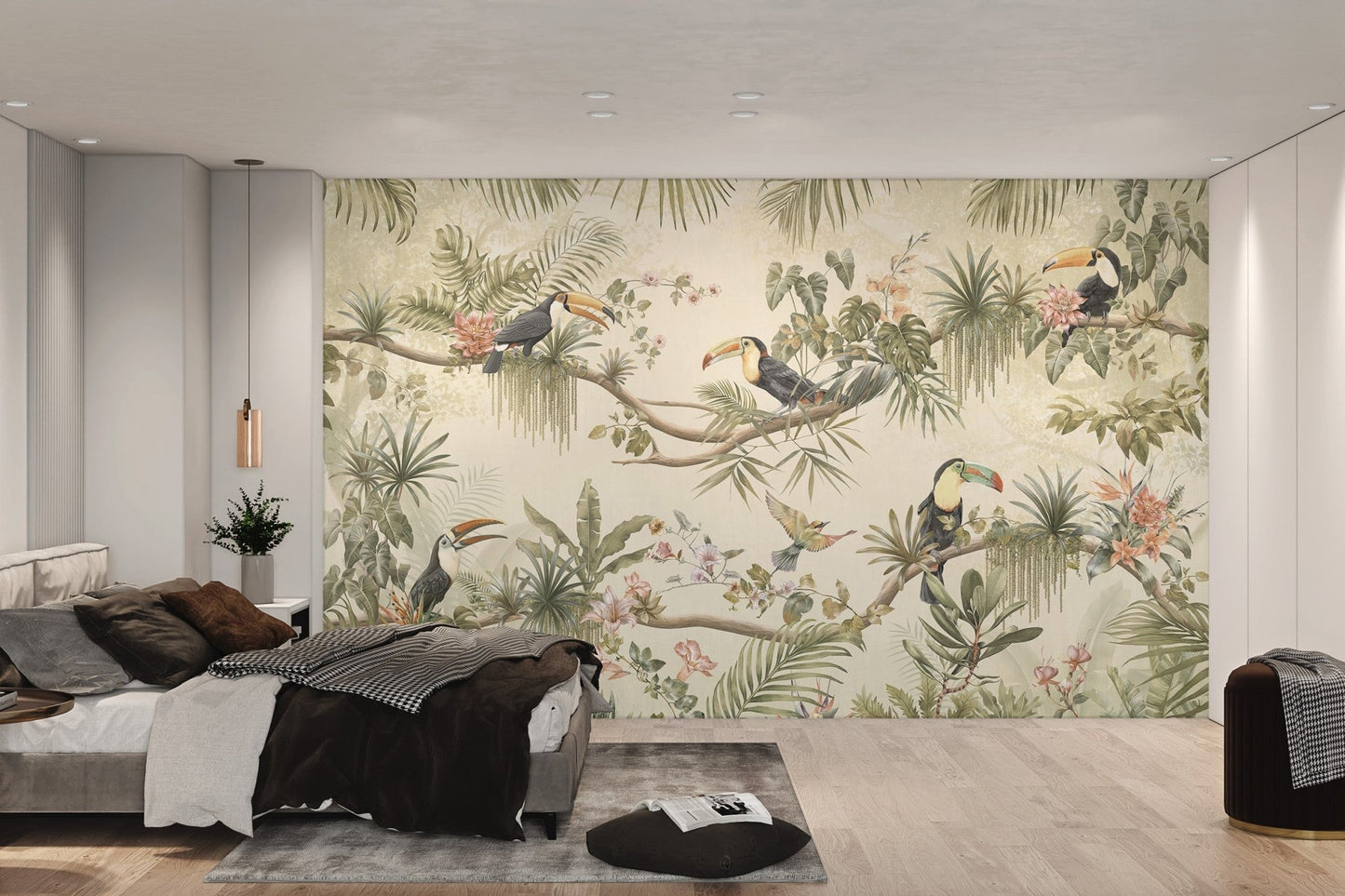 Textured look mural with large toucan birds and botanical greenery patterns.