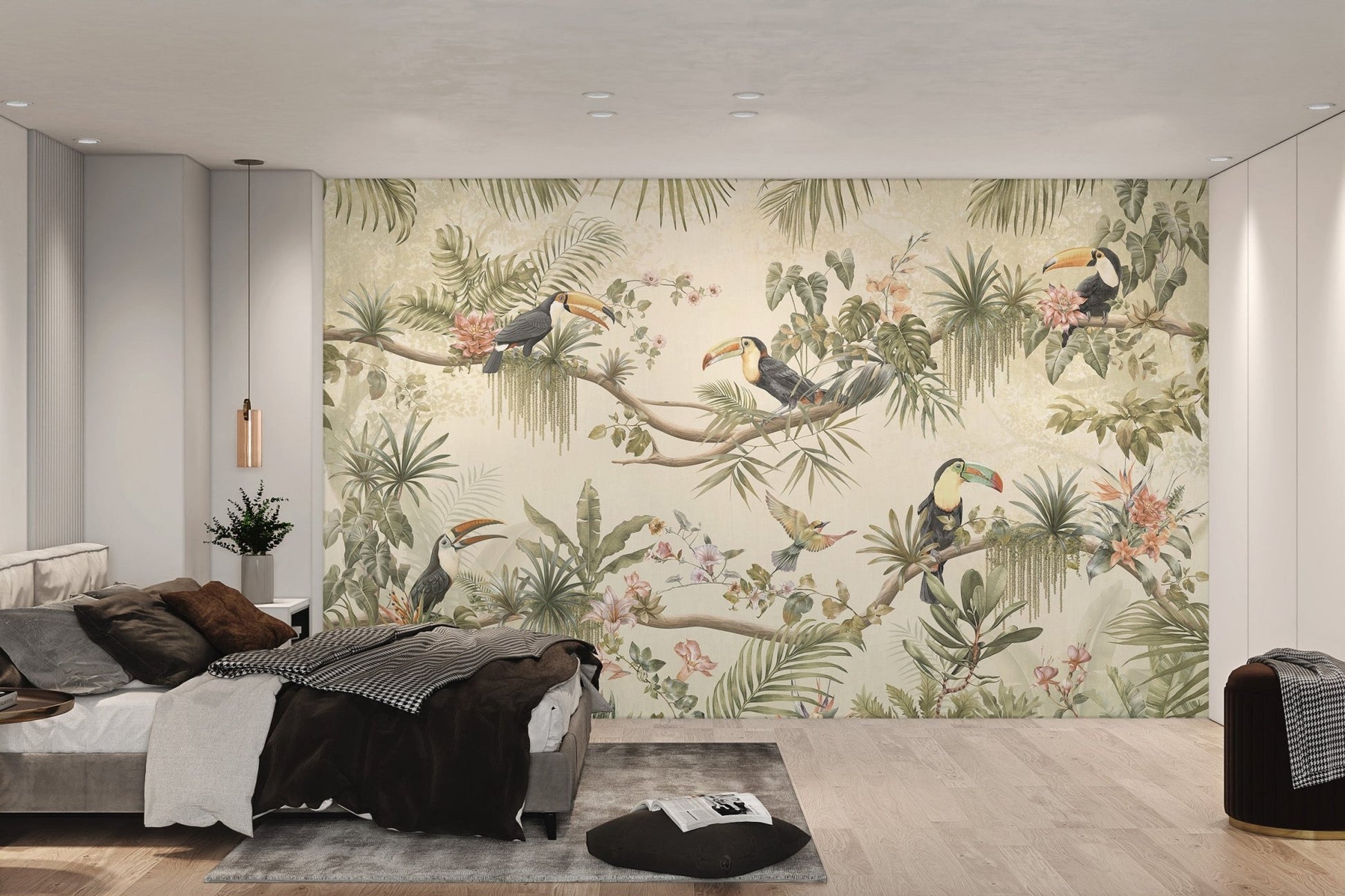 Textured look mural with large toucan birds and botanical greenery patterns.