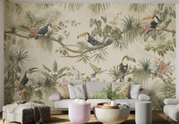 Beige tropical wall mural featuring toucans perched in living room.