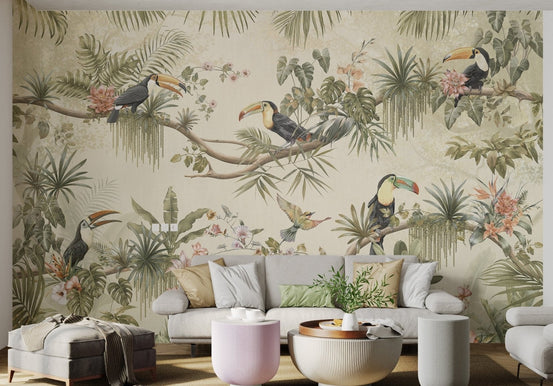 Beige tropical wall mural featuring toucans perched in living room.