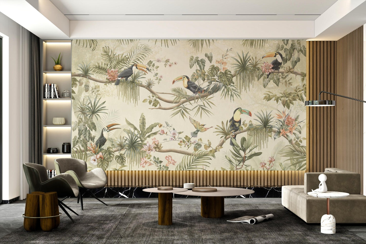 Floral jungle wall mural with peach hibiscus and green tropical foliage.