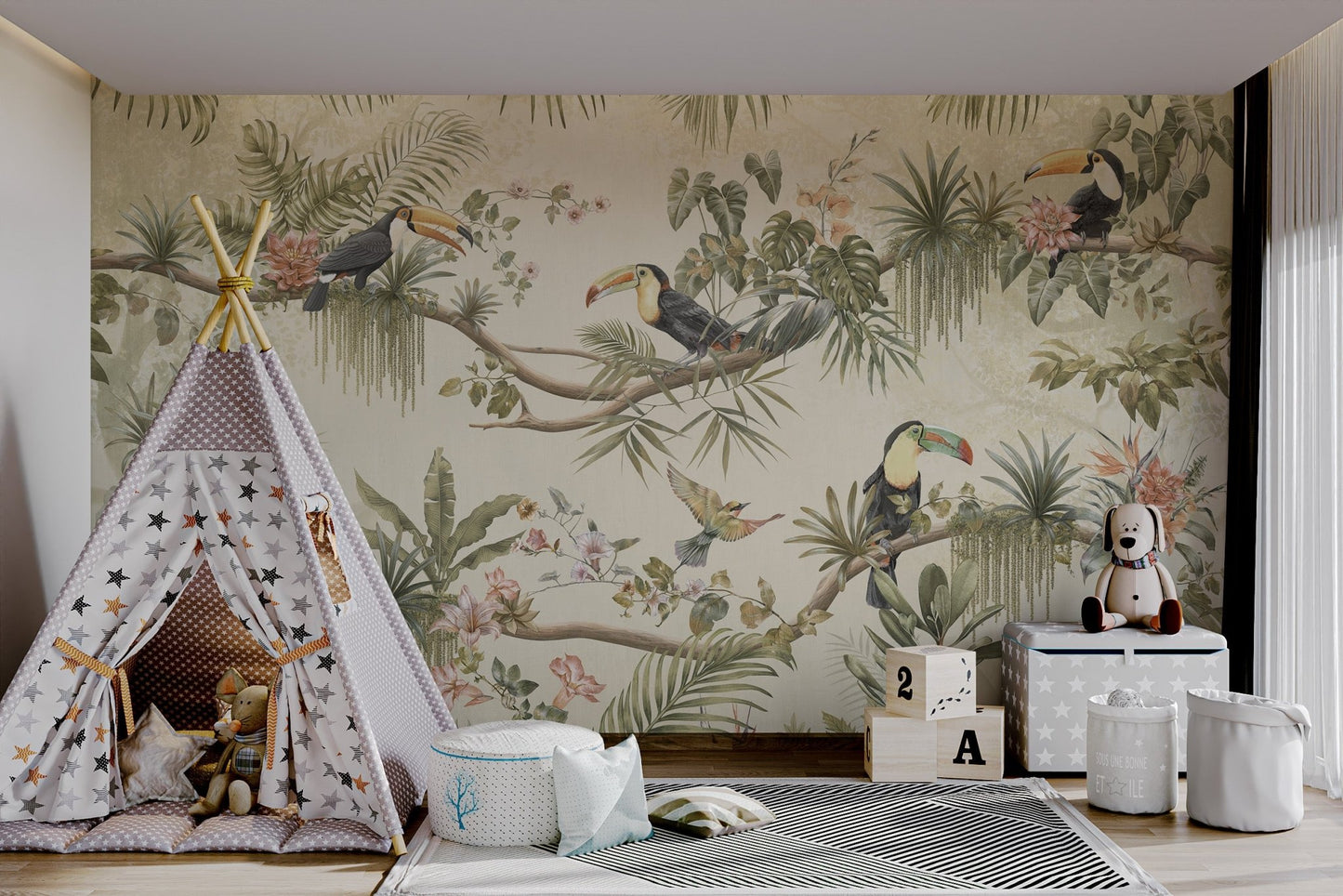Modern playroom wall mural with vintage botanical illustrations of toucan.