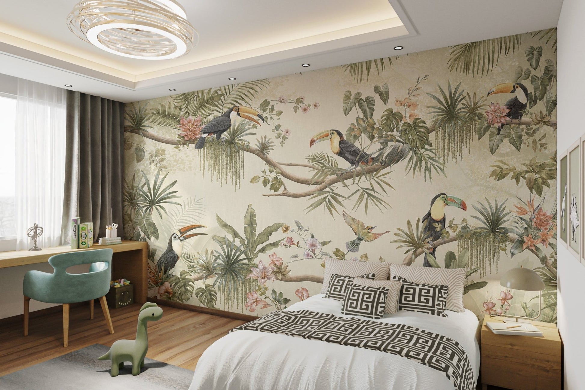 Bedroom wall mural featuring exotic jungle birds and hanging vines.