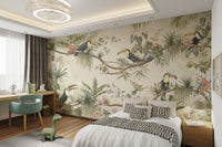 Bedroom wall mural featuring exotic jungle birds and hanging vines.