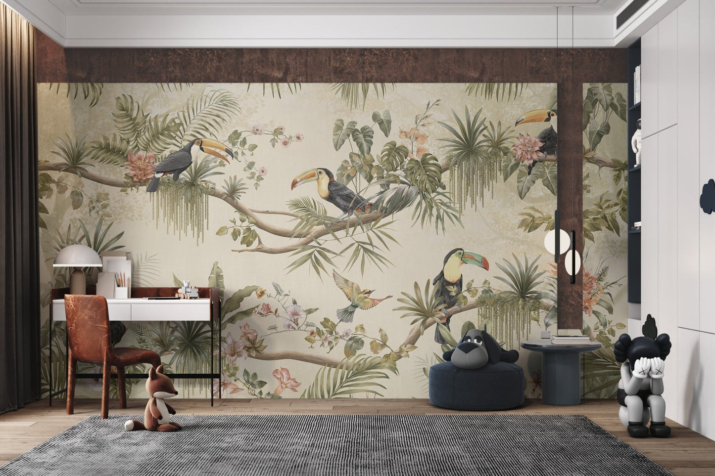 Study room wall mural showing toucans on branches with soft pink floral.