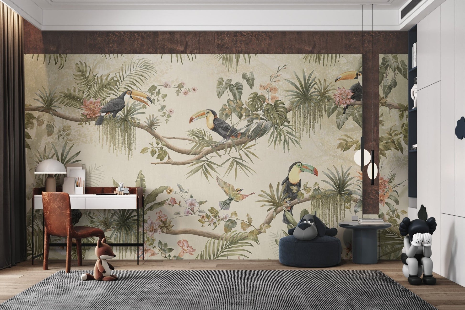 Study room wall mural showing toucans on branches with soft pink floral.