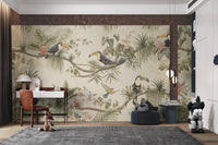 Study room wall mural showing toucans on branches with soft pink floral.