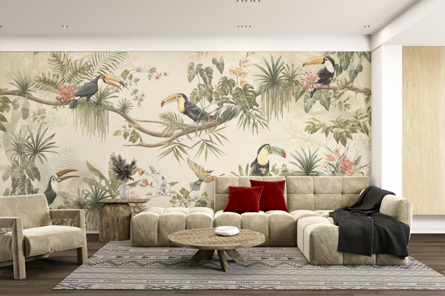 Jungle themed wall mural showing toucans and pink lilies.