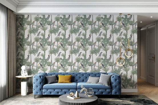 Vibrant tropical wallpaper with toucan pattern design for living space.
