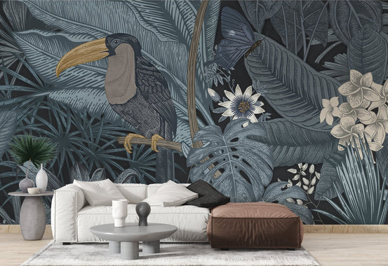 Navy botanical wallpaper mural with detailed rainforest artwork.
