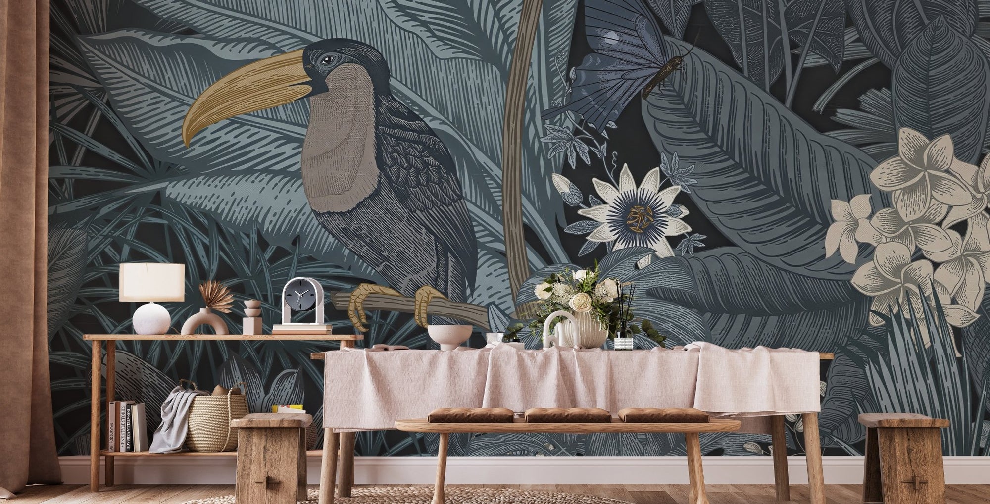 Tropical toucan wallpaper mural with blue jungle foliage pattern.