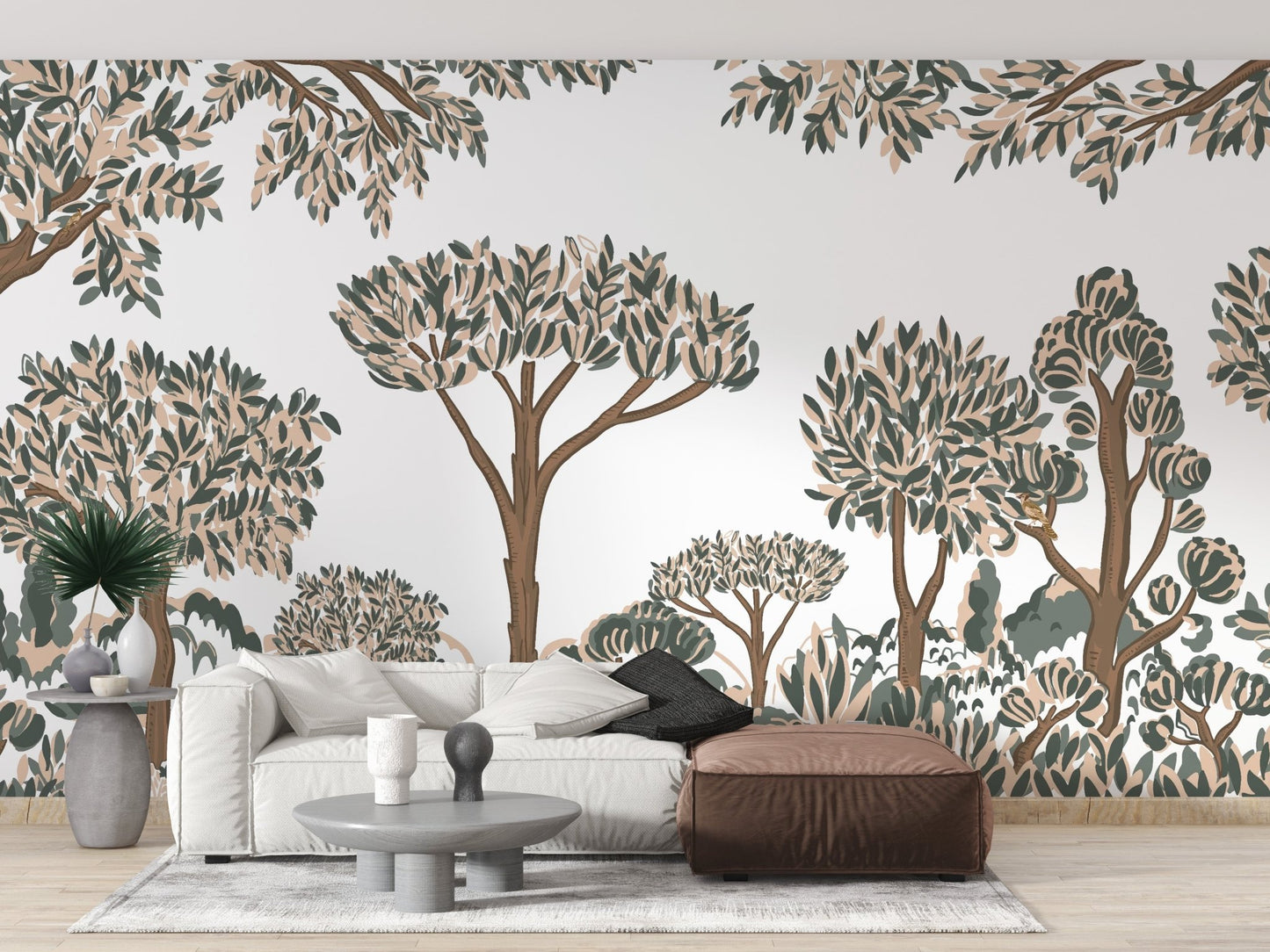 Graphic botanical forest wallpaper with layered greenery.
