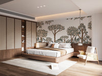 Textured tropical landscape wall mural in warm neutrals.