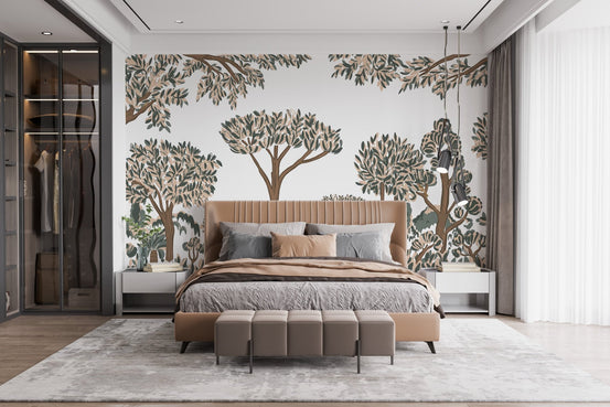 Tropical tree forest wallpaper with sculpted treetop clusters.
