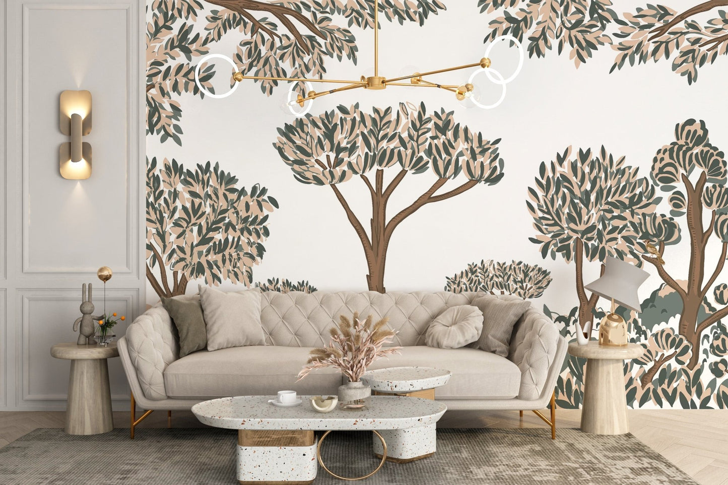 Tropical woodland panorama wall mural in matte earth tones.
