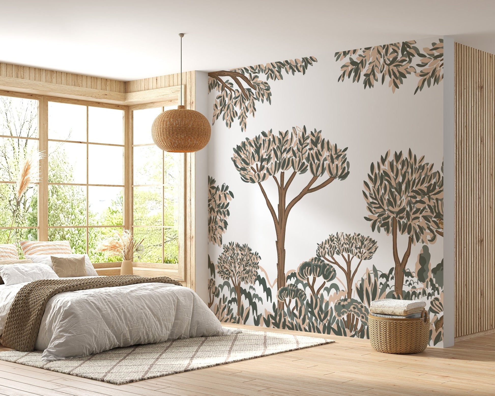 Serene jungle tree wallpaper with organic leaf patterns.
