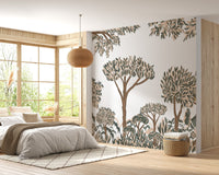 Serene jungle tree wallpaper with organic leaf patterns.