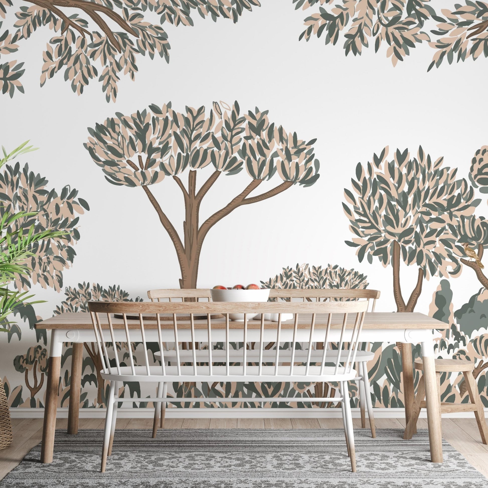 Soft jungle horizon wall mural in clay and sage shades.