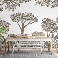 Soft jungle horizon wall mural in clay and sage shades.
