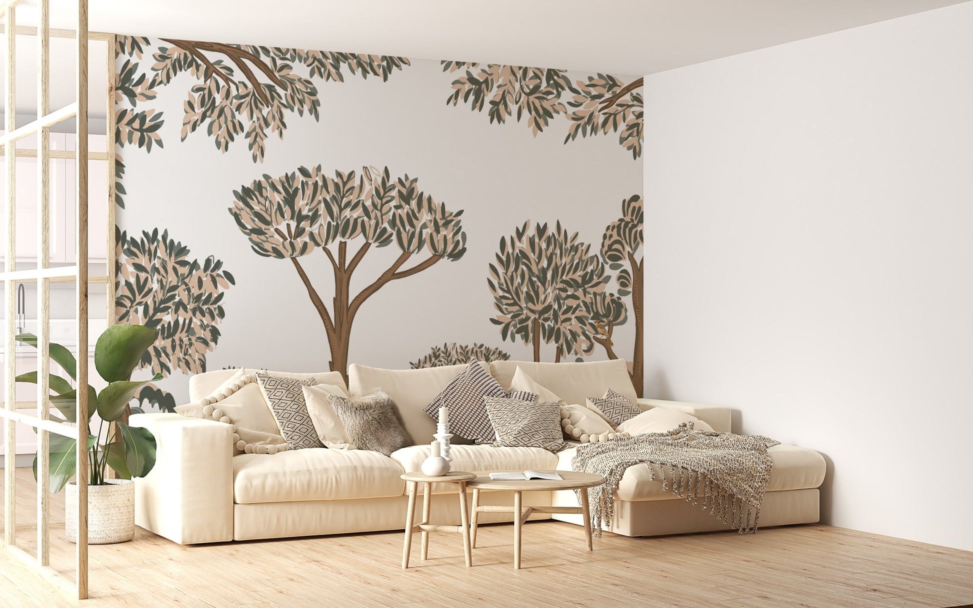 Tropical arboreal wall mural with balanced foliage spacing.