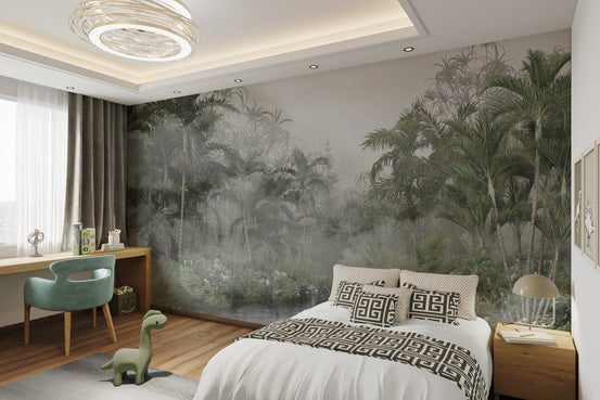 Misty tropical forest wall mural for bedrooms.