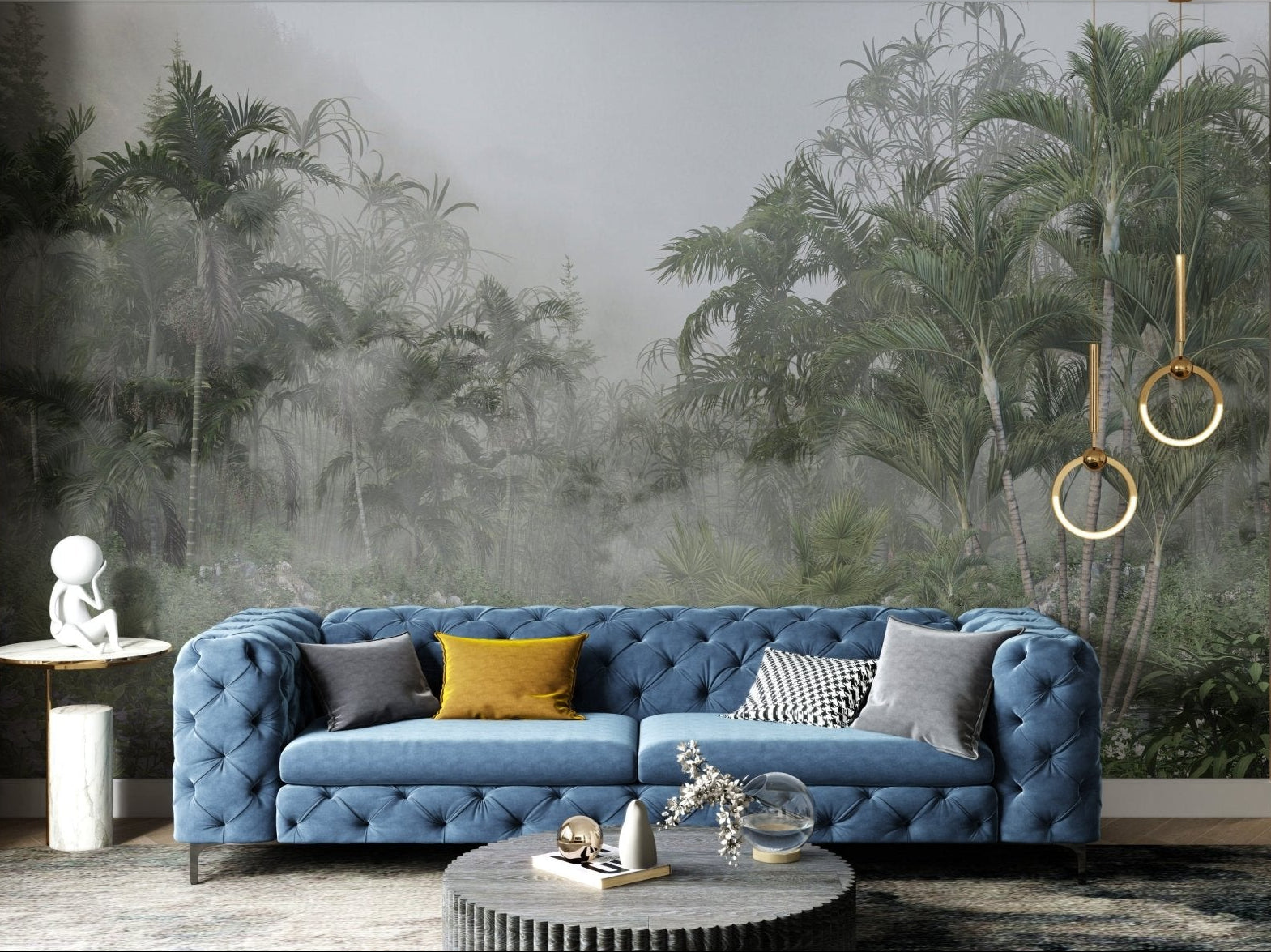 Botanical green tropical tree wall mural for feature living room.