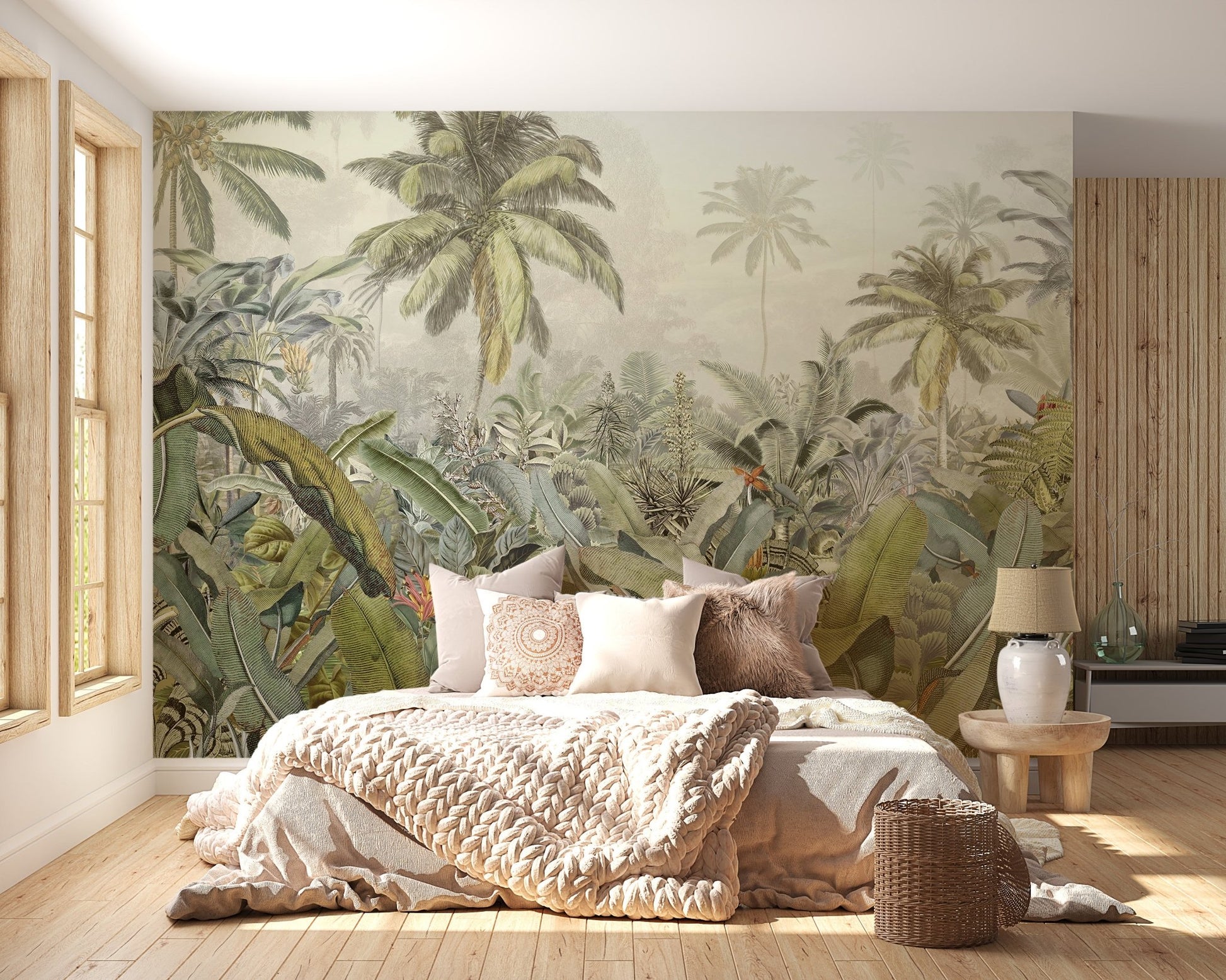 Earthy tone botanical canopy wall mural in cozy bedroom with neutral bedding.