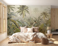 Earthy tone botanical canopy wall mural in cozy bedroom with neutral bedding.